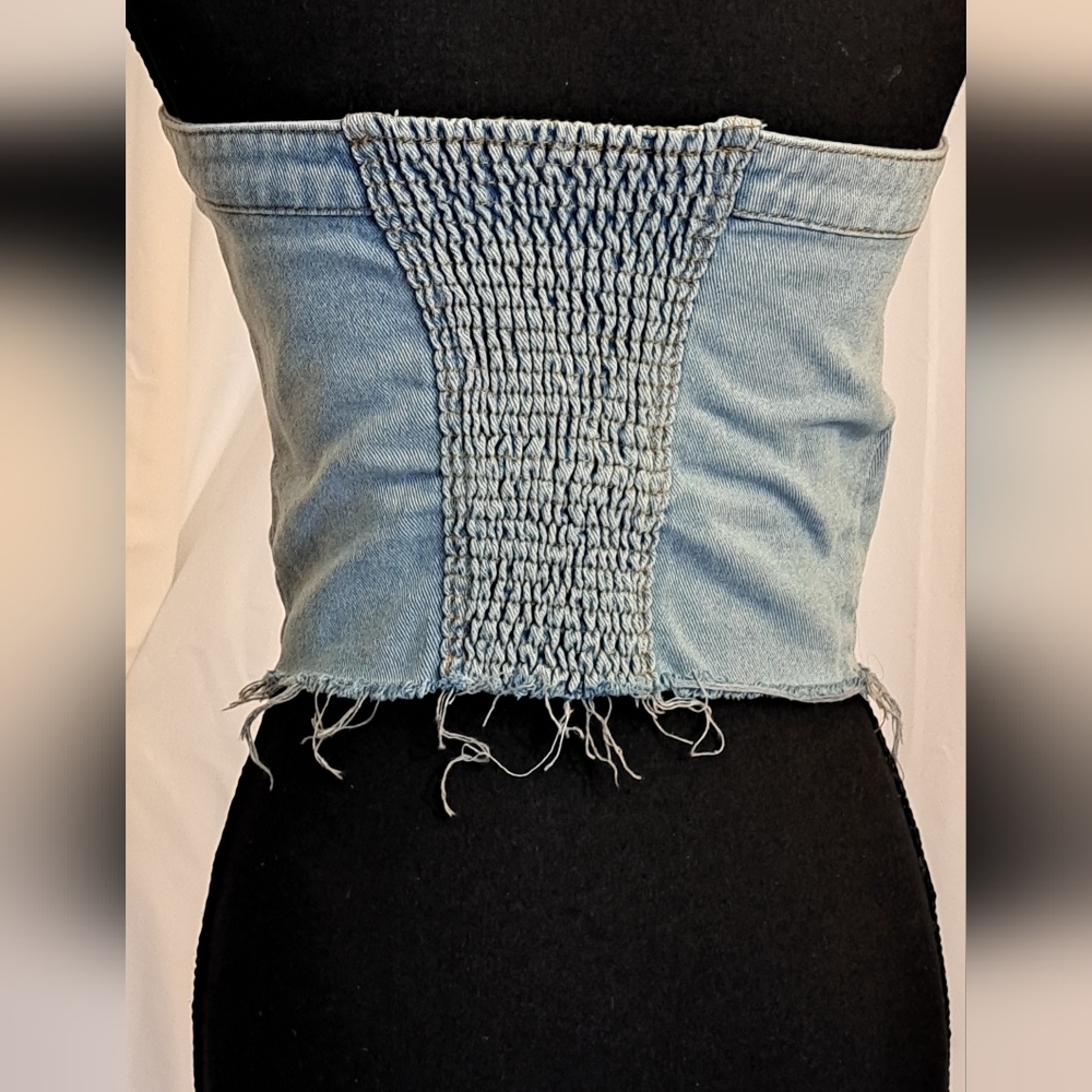 #005.B Source Unknown Sz M Denim Vest Corset Crop Button Down Top - Picture 3 of 13